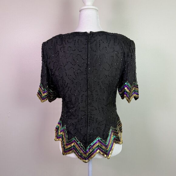Vintage Scala Silk Beaded Sequin Top Petite Medium Art Deco Glam Flawed Zipper - Picture 15 of 15